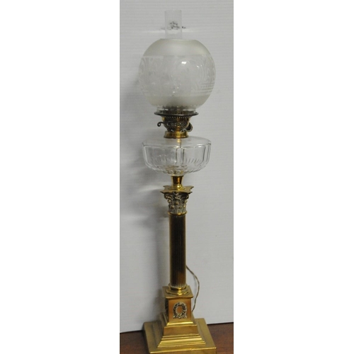 69 - Victorian Brass Corinthian Column Oil Lamp (converted) 66cm high.