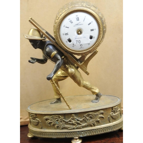 70 - Brass Mantel Clock with ceramic dial of Porter carrying Clock.  (14