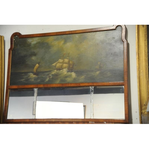 79 - Large walnut framed Overmantel of Oil Painting of Sailing Ship.