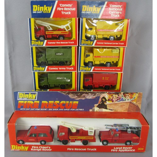 236 - DINKY TOYS 304 Fire Rescue Set plus 2x 687 Convoy Army Truck, 2x 383 Convoy ‘National Carrier’ Truck... 