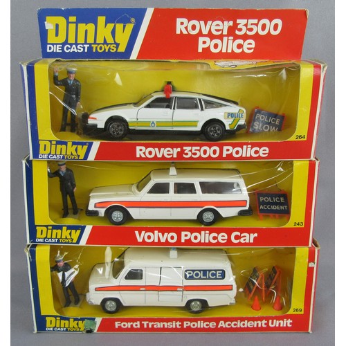 237 - DINKY TOYS 243 Volvo Police Car, 284 Rover 3500 Police Car and 269 Ford Transit Accident Unit. Near ... 