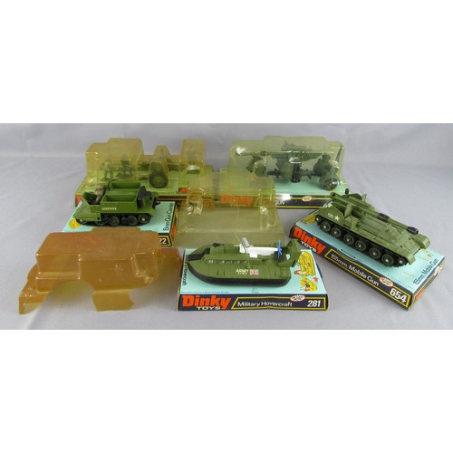 242 - DINKY TOYS Military 622 Bren Gun Carrier (damaged bubble), 656 88mm Gun, 609 105mm Howitzer, 654 155... 