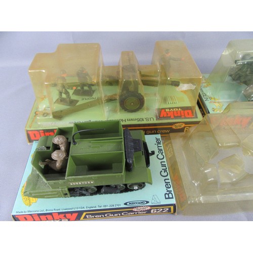 242 - DINKY TOYS Military 622 Bren Gun Carrier (damaged bubble), 656 88mm Gun, 609 105mm Howitzer, 654 155... 