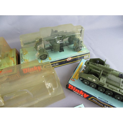 242 - DINKY TOYS Military 622 Bren Gun Carrier (damaged bubble), 656 88mm Gun, 609 105mm Howitzer, 654 155... 