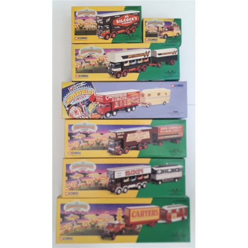 75 - CORGI CLASSIC SHOWMANS RANGE to include 21701 “John Codona's” Pole Truck and Trailer, 06601 Morris 1... 