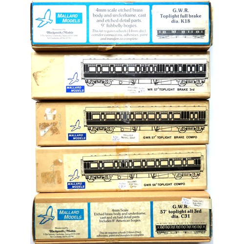 127 - MALLARD MODELS 4mm scale GWR Coach Kits comprising: 57ft. Toplight all 3rd, Toplight Full Brake, 56f... 