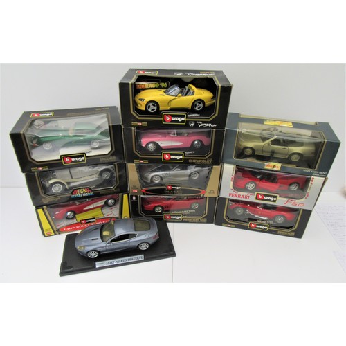 328 - BURAGO/MAISTO 1:18,1:24,1:32 scale cars to include E-Type Jaguar and Chevrolet Corvette. Excellent t... 