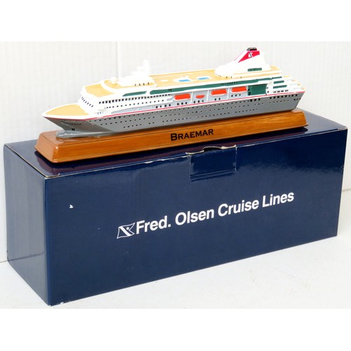 314 - MODEL SHIP Fred Olsen Lines “Braemar” on plinth 26cm approx. Excellent and Boxed