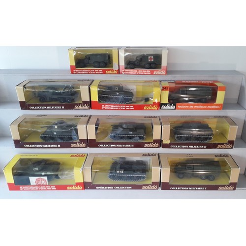 326 - SOLIDO MILITARY models to include no.6053 Sherman Tank, 6067 General Lee, and others. Mint in Excell... 