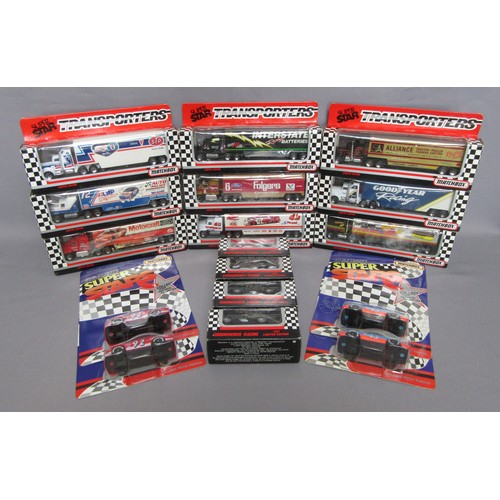 96 - MATCHBOX NASCAR Transporters x9, plus 8 individual Cars (some duplication). Near Mint to Mint in Goo... 