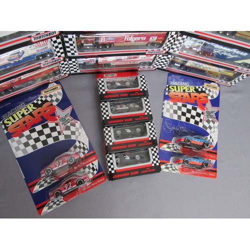 96 - MATCHBOX NASCAR Transporters x9, plus 8 individual Cars (some duplication). Near Mint to Mint in Goo... 