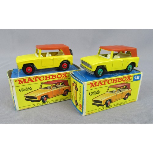 325 - MATCHBOX 1-75 18e Field Car, 2 examples, 1 with red hubs, 1 with green hubs. Near Mint in Good Plus ... 