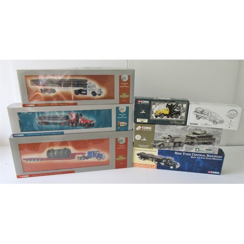 17 - CORGI AMERICAN TRUCKS to include US55702 Kenworth W925 with low loader and Boiler load, US 50705 Mac... 