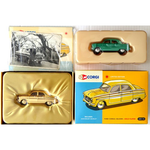 144 - CORGI 50th Anniversary Limited Edition Ford Consul Saloon Models comprising: A rare AN01102 Gold-pla... 