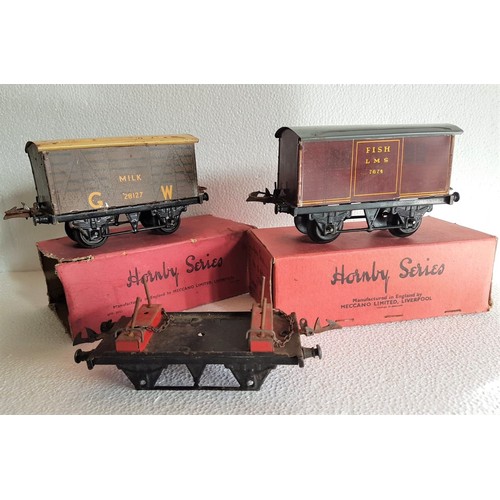 72 - HORNBY ‘0’ Gauge No.’0’ Fish Van LMS No.7674, Very Good to Excellent/Boxed, No.’0’ GW Milk traffic v... 