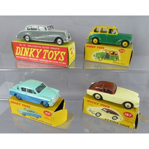 92 - DINKY TOYS 150 Rolls Royce Silver Wraith, 167 AC Aceca Coupe, 166 Sunbeam Rapier Saloon and 254 Aust... 