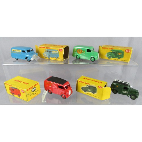 94 - DINKY TOYS 454 Trojan 15 CWT Van ‘Cydrax’, 261 Telephone Service Van, 260 Royal Mail Van and 481 Bed... 