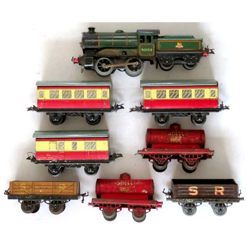 233 - HORNBY 0 gauge Loco and Rolling Stock comprising: 0-4-0 Clockwork Loco and Tender No. 50153 (require... 