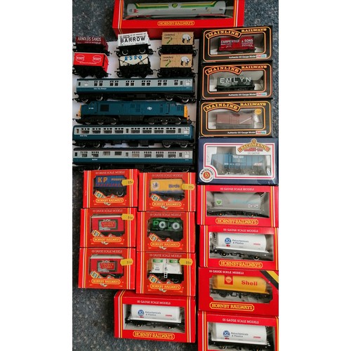 325 - HORNBY 00 Gauge Loco Carriages and Wagons comprising Type 37 Diesel No.37130 blue, no box. 3x Carria... 