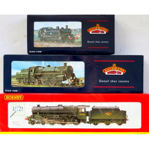 HORNBY / BACHMANN 00 gauge Steam Locos comprising: Hornby (China) R2360 Class 5MT 4-6-0 Loco and Tender No. 44762 BR black weathered edition late crest, Bachmann 31-100A Standard 4MT 4-6-0 Loco and BR2 Tender No. 75059 BR lined black early crest, 31-452B Ivatt 2-6-2 Tank Loco No. 41233 BR black late crest. Excellent to Near Mint in Excellent Boxes (3)