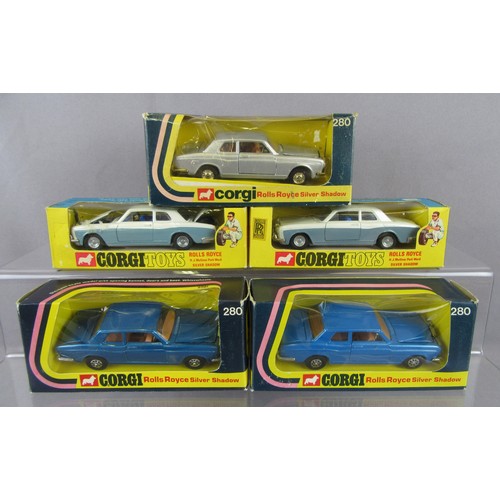 507 - CORGI TOYS 280 ROLLS ROYCE Silver Shadow, 3 examples in Silver, Blue and Dark Blue, plus 2x 273 Roll... 