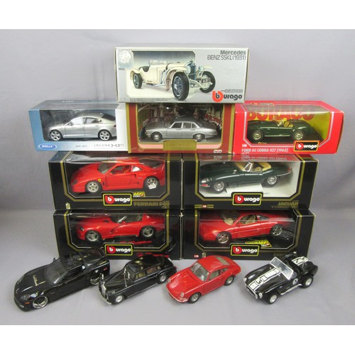 386 - BURAGO 1/18th plus others to include Ferrari, Jaguar and Mercedes plus Polistil 1/24 Jaguar XJ6, Wel... 