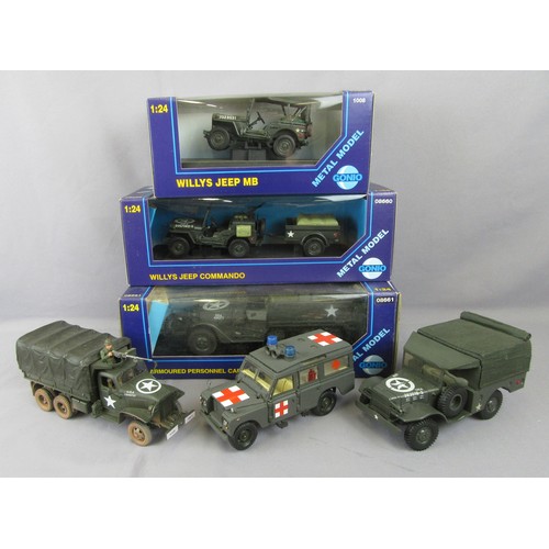 469 - GONIO 1/24 08661 M3 Half Track, 08660 Willys Jeep & Trailer, 1008 Willys Jeep, unboxed Dodge WC51 Tr... 