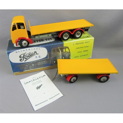 527 - SHACKLETON FODEN Flatbed & Trailer, Yellow with red mudguards, restored in reproduction box and leaf... 