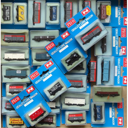 593 - PECO N gauge comprising: 32 x Goods Wagons to include: Tankers, Salt, VEA Vans, Insul Fish, VBB Vans... 