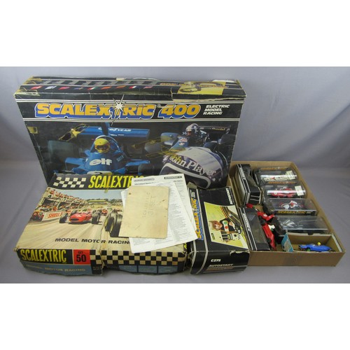 254 - SCALEXTRIC to include Sets No.50 and No.400, boxed cars and motorcycle sidecars and others. Fair to ... 