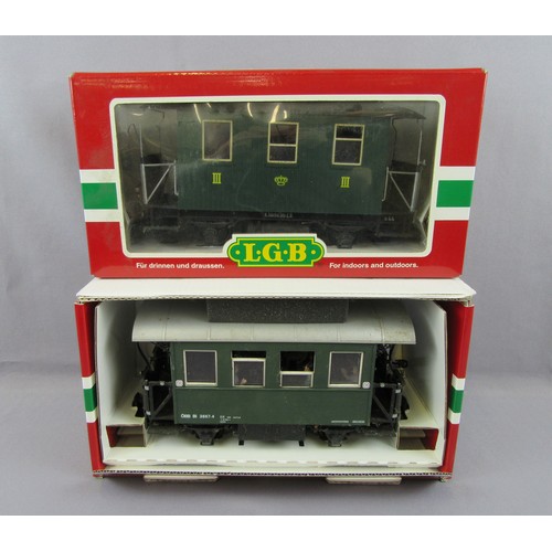 367 - LGB G Scale 3.5” Gauge Carriages comprising OBB 4 wheel end vestibule. Green.  Cat no 38078 and Sach... 