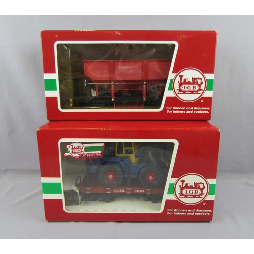 373 - LGB G Scale 3.5” Gauge Wagons comprising Flat Truck with Digger  4 wheel Cat No 94069. Hopper Wagon ... 