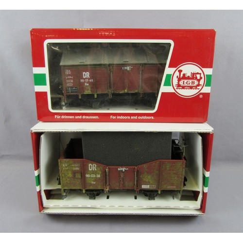 379 - LGB G Scale 3.5” Gauge Wagons comprising DR Covered Goods Wagon 4 wheel Brown Cat No 48110. DR Bed F... 