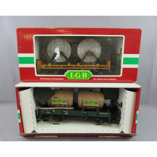 381 - LGB G Scale 3.5” Gauge Wagons comprising Cable Reel Wagon Cat No and Barrel Wagon Cat No 45230. Exce... 