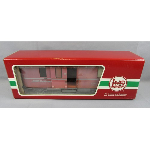 384 - LGB G Scale 3.5” Gauge Carriage comprising short 4wheel RhB Baggage car, red, badly faded. Cat No 41... 