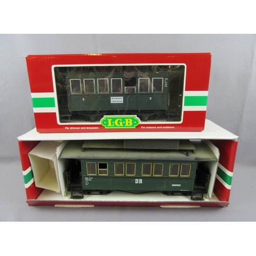 386 - LGB G Scale 3.5” Gauge Carriages comprising DR bogie Verandah Carriage Green Cat No 33613. 4 wheel 3... 