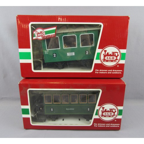 387 - LGB G Scale 3.5” Gauge Carriages comprising 4 wheel 3 bay Semi-Verandah 2nd class Green Carriage Cat... 