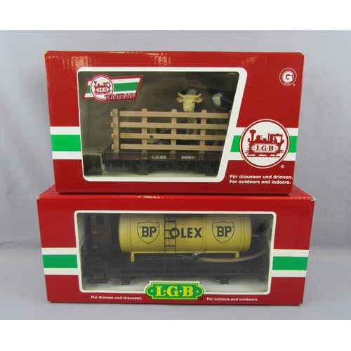 388 - LGB G Scale 3.5” Gauge Wagons comprising BP Tanker Yellow Cat No 45120.Cattle Wagon with four cows C... 