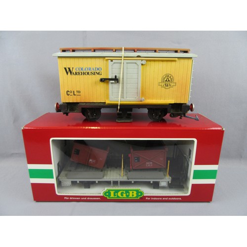 390 - LGB G Scale 3.5” Gauge Wagons comprising Colorado Warehousing Track Cleaning Covered Van Yellow, Fai... 