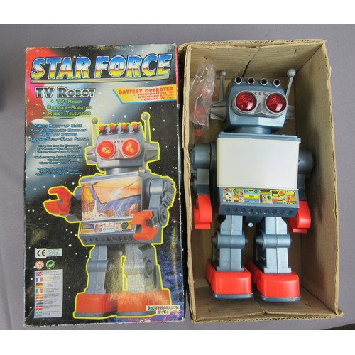 394 - PLASTIC ROBOTS to include Star Force TV Robot by David Halsall Toys 30cm tall, 2x Ha Ha Toy Robot, A... 