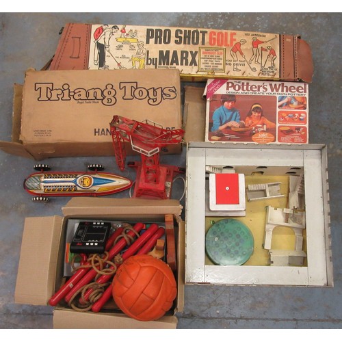 255 - VINTAGE TOYS to include wooden fort, boxed Potter’s wheel, Marx Pro Shot Golf, empty Tri-ang toys bo... 