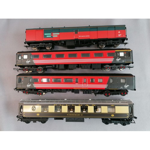 587 - HORNBY 00 Gauge Carriages comprising Pullman car Rosemary brown/cream, Virgin Mk.II First Open FO re... 