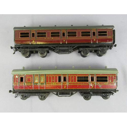 535 - BING for BASSETT LOWKE 0 Gauge LMS Carriages comprising bogie Midland corridor 3rd No 3762 lined dar... 