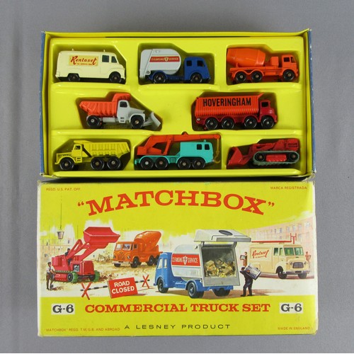 MATCHBOX LESNEY G6 Commercial Truck Set to include very rare Turquoise-Green 30c Faun Crane Truck. Excellent to Mint – some vehicles have rusty axle ends, in an Excellent Box.