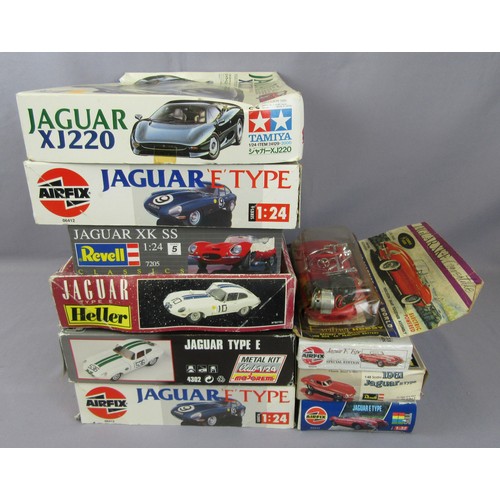 536 - JAGUAR E-TYPE Model Kits to include Airfix, Heller, Revell, Majorette, Korris Kars plus Tamiya Jagua... 