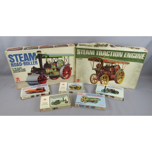 551 - BANDAI 1:16 Steam Road Roller and 1:16 Garrett Traction Engine plus 5x 1:72 scale steam related vehi... 