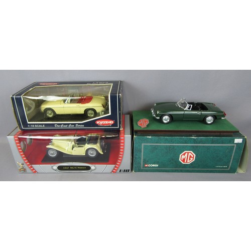 63 - KYOSHO 1/18 MGB Mk.I, Corgi MGB and Road Signature 1947 MGTC. Near Mint to Mint in Good to Near Mint... 