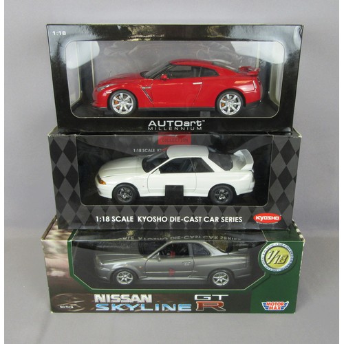 77 - AUTOART 1/18 Nissan Skyline GT-R (R35), Kyosho Skyline GT-R (R34) and Motormax Skyline GT-R (R34). M... 