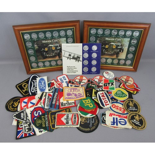 460 - MOTORSPORT Related sew-on fabric patches, plus 2 framed coin sets. (qty)