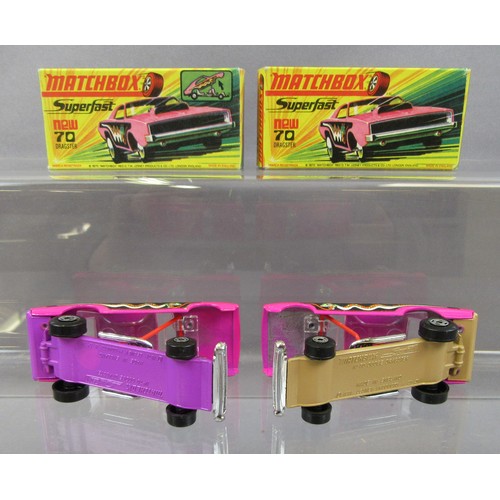 424 - MATCHBOX SUPERFAST 2x No.70 Dodge Dragster with PURPLE and TAN bases with box variations. Very Near ... 